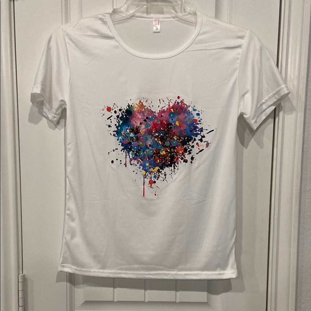 NWOT White T-Shirt with Colorful Heart Design